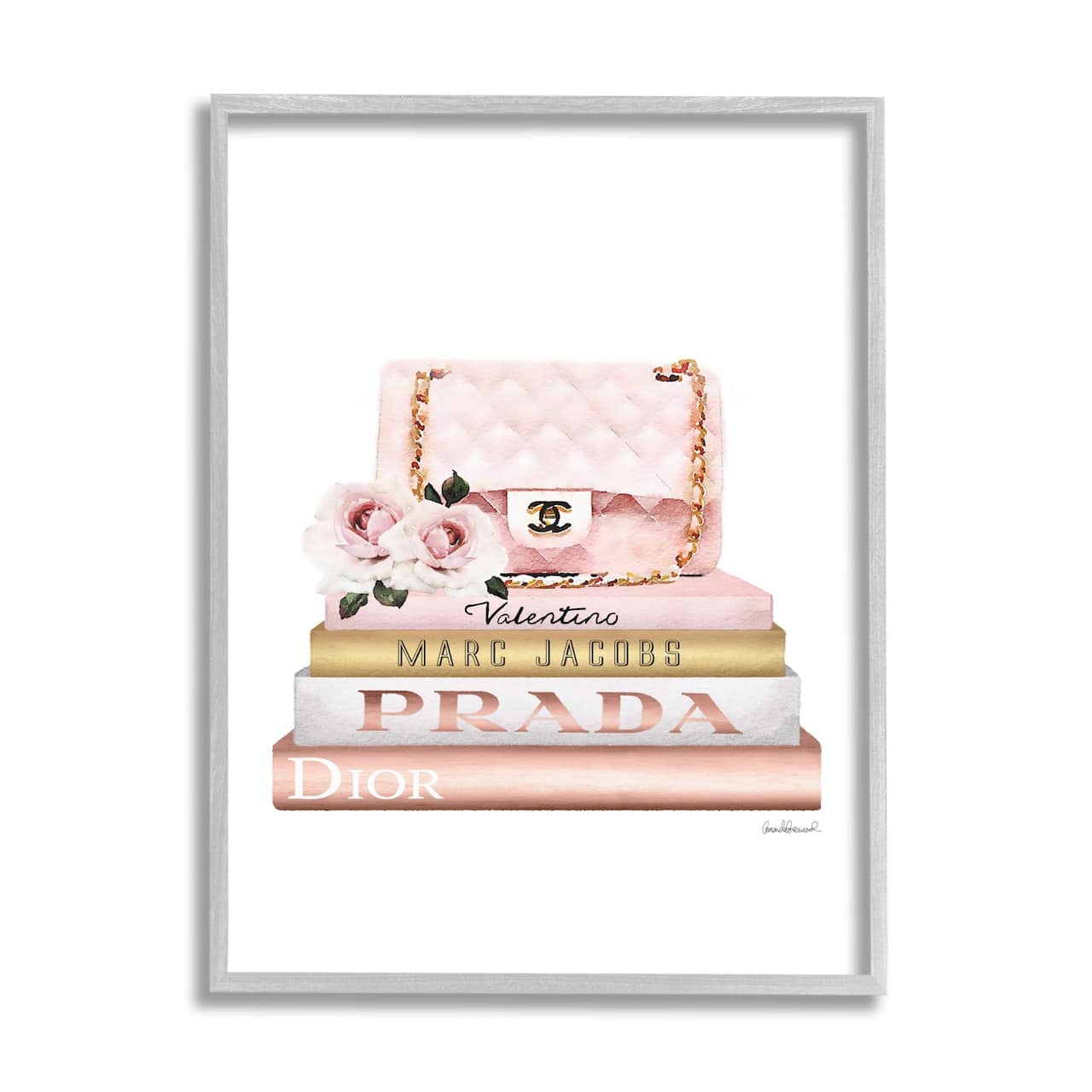 Stupell Industries Pink Purse Gold Bookstack Glam Fashion Watercolor Design Framed Wall Art